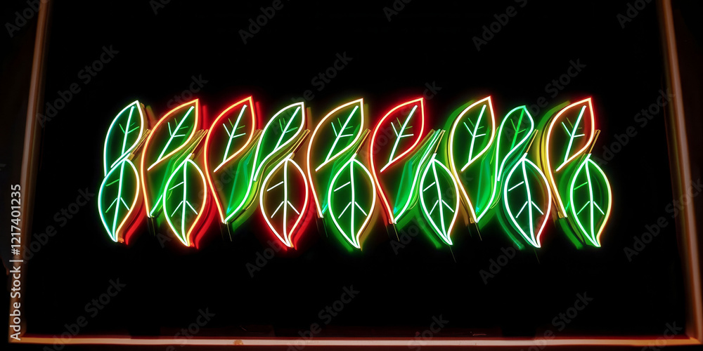 Poster a row of neon green and red leaves are lit up. the leaves are arranged in a line and are illuminated