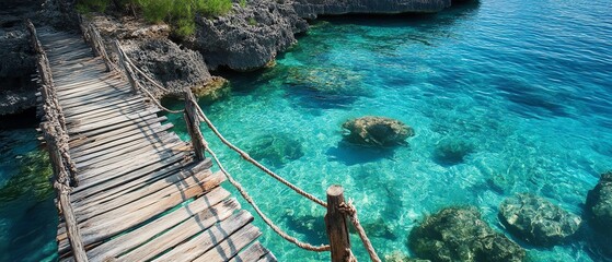 Naklejka premium Wooden bridge over clear blue water, perfect escape.