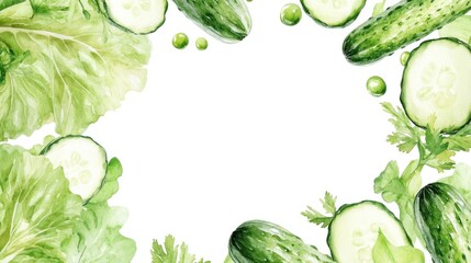 Obraz premium Watercolor frame of cucumbers, lettuce, and parsley.