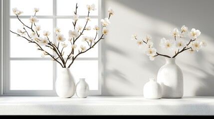 Elegant White Vases with Cherry Blossom Branches in Bright Modern Interior