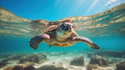 Obraz premium Sea Turtle Gliding Through Crystal Clear Waters Above Vibrant Coral Reef in Majestic Underwater Scene Highlighting Marine Life Beauty and Serene Environment