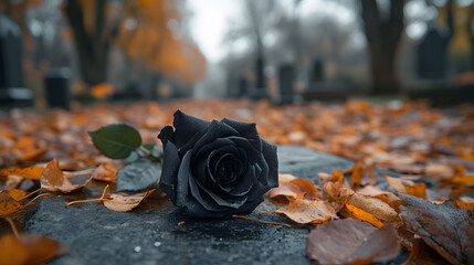 A black rose lying on an old, cracked gravestone, surrounded by fallen autumn leaves and a hazy, overcast sky, during a somber afternoon
