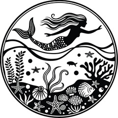 Underwater Mermaid Scene
 A mystical line art of a mermaid swimming in the ocean surrounded by coral and marine life.
Adobe Illustrator Artwork