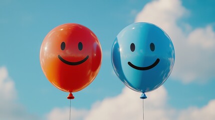 Bright and Cheerful Smiley Balloons against a Clear Blue Sky with Fluffy Clouds for Joyful Celebrations and Events