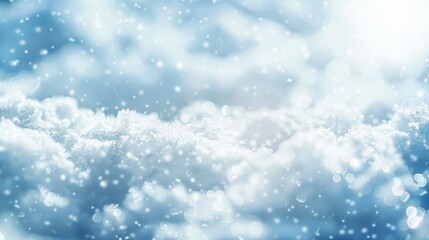 Obraz premium Soft Snowflakes Gently Falling on a Frosted Surface with a Dreamy Blue Background Creating a Serene Winter Wonderland Atmosphere for Holiday and Seasonal Themes