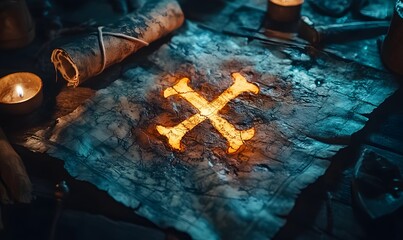 An old map with a glowing crossbones mark, candles, and a rolled parchment resting on a table