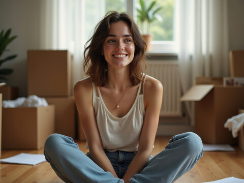 Mujer joven sonriente en su nuevo apartamento
