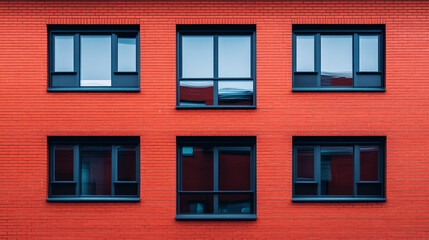 Fototapeta premium Vibrant red brick building showcasing modern window designs in urban setting