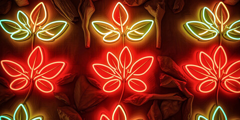 A series of neon lights in the shape of leaves. The lights are red, green, and yellow