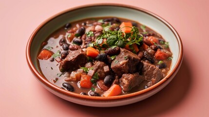 A hearty black bean stew Feijoada with pork and beef on a vibrant pink background