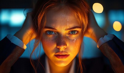 Fototapeta premium Woman, Night, City, Portrait, Illuminated, Face, Hair, Studio, Close-up, Stock Photo