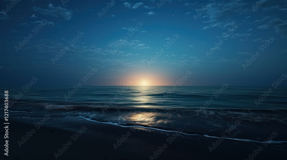 Poster serene twilight over calm ocean waves with soft reflections and gentle clouds in the sky creating a 