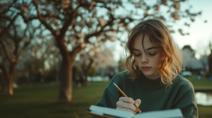 Young woman writes in a notebook under blooming trees during a serene evening in the park. Generative AI