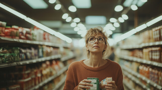Woman shopping in grocery store aisle while contemplating choices in a well-lit environment. Generative AI