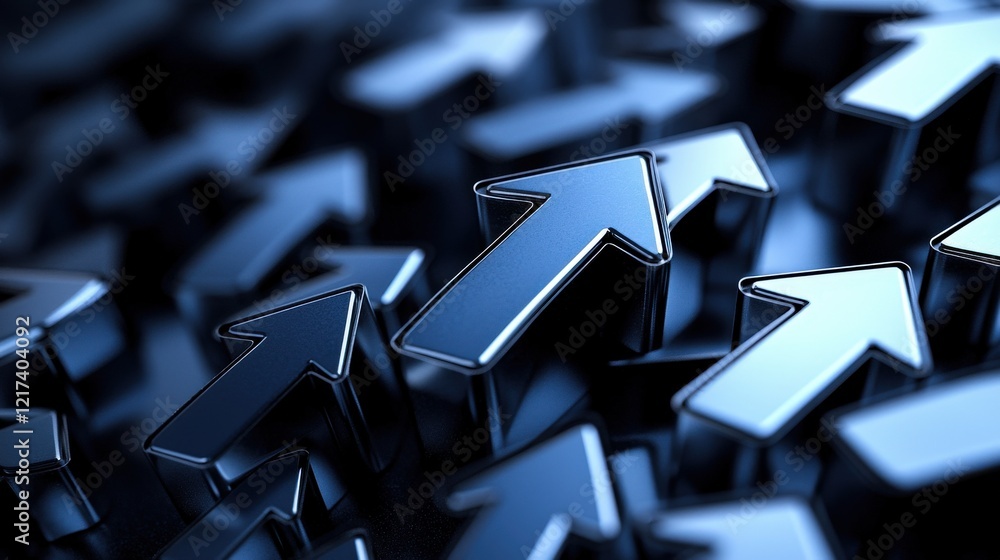 Poster dynamic blue metallic arrows creating a sense of movement and progress with a reflective surface bac
