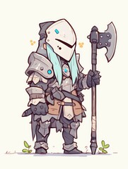 Obraz premium A petite knight stands holding a large axe