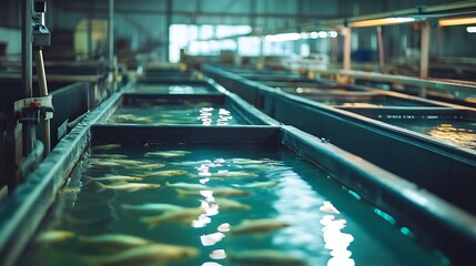 Obraz premium Indoor fish farm with rows of tanks containing many golden fish.