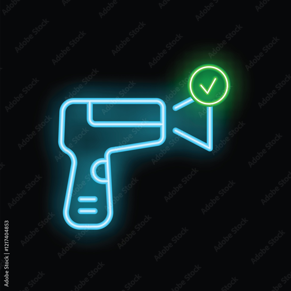 Poster neon sign of a contactless digital infrared thermometer measuring body temperature showing a green c