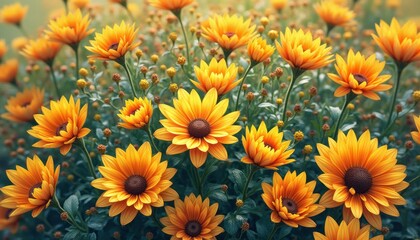 Fototapeta premium A stunning array of vibrant yellow flowers fills the frame, creating a cheerful and uplifting atmosphere. The sun-kissed petals and lush green foliage evoke feelings of warmth and joy, inviting