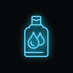 Blue glowing neon icon of bottle with liquid cosmetic product on black background
