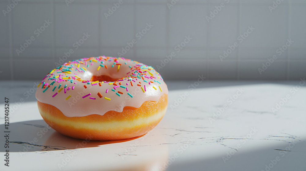 Poster a perfectly glazed donut with a smooth, shiny finish and an array of vibrant sprinkles, placed on a 