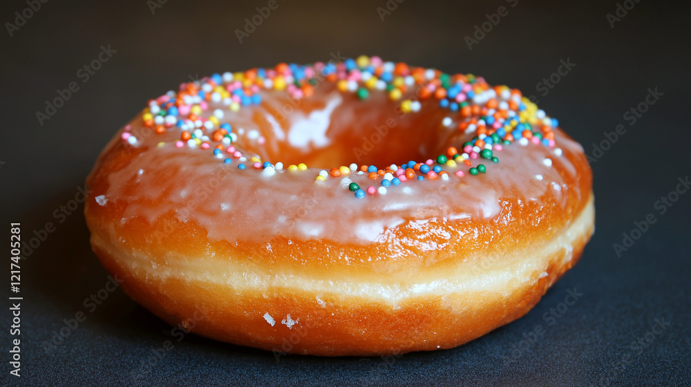 Poster a close-up of a glazed donut with a shimmering icing and colorful sprinkles, positioned against a bo