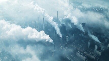 Fototapeta premium Aerial view of an industrial zone releasing thick smog into the atmosphere, wide-angle perspective, environmental issue concept.