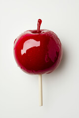 glazed red candy apple with wooden stick on a white background, view from top