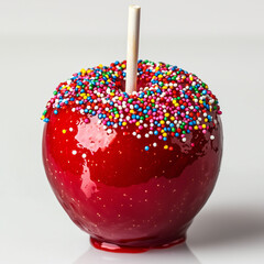 candy apple with glaze and rainbow sugar sparkles, on a white background