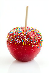 red candy apple with rainbow sugar sparkles and a stick on top, isolated on a white background
