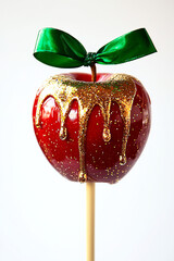 red candy apple on a stick with dripping golden glaze isolated on a white background