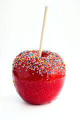 red candy apple with rainbow sugar sparkles and a stick on top, isolated on a white background