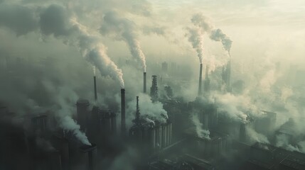 Fototapeta premium Aerial view of an industrial zone releasing thick smog into the atmosphere, wide-angle perspective, environmental issue concept.