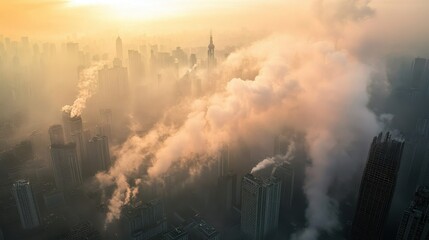 Fototapeta premium Aerial view of an industrial zone releasing thick smog into the atmosphere, wide-angle perspective, environmental issue concept.