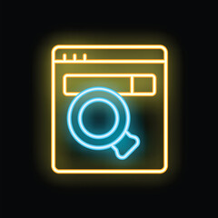Glowing neon icon depicting a website search, symbolizing online exploration and digital analysis