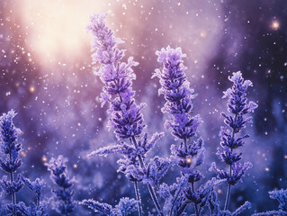 Naklejka premium Snowy Lavender Stems with Magical Light and Snowfall