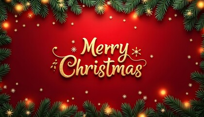 festive merry christmas design with gold font and evergreen branches, christmas background with christmas tree and decorations