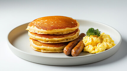 A mouthwatering breakfast platter with golden pancakes stacked high, creamy scrambled eggs, and savory sausage links, styled neatly on a clean, white background to emphasize the fr