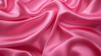 Fototapeta premium Elegant Pink Satin Fabric Flowing in Soft Curves and Waves, he center of the image is a soft pink background