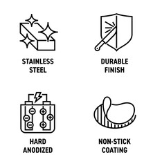 Hard anodized, Non-stick coating, Stainless steel, Durable finish - icons in bold line