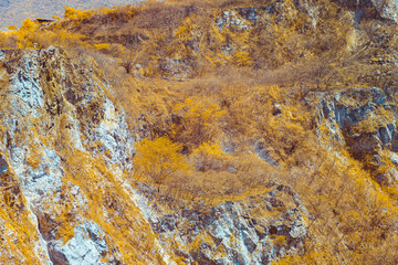 Infrared photography, a rocky, mountainous landscape featuring various shades of brown and yellow