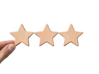 Isolated Hand Holding One of Three Wooden Star Ratings