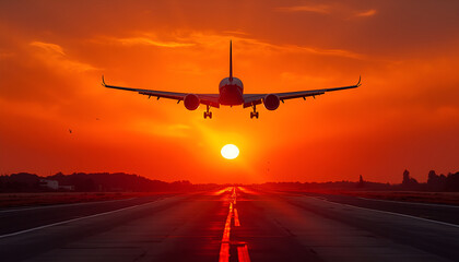Fototapeta premium Airplane landing silhouette against a vibrant sunset sky on a runway