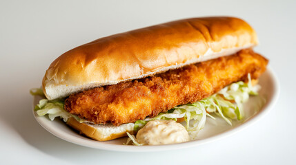 A perfectly arranged fish fillet sandwich with a crispy, breaded coating, topped with tangy tartar sauce and crisp shredded lettuce, set against a clean, plain white backdrop for a