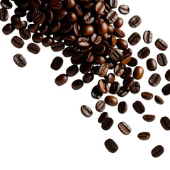 Obraz premium Roasted coffee beans spilling from the top left corner isolated on transparent background