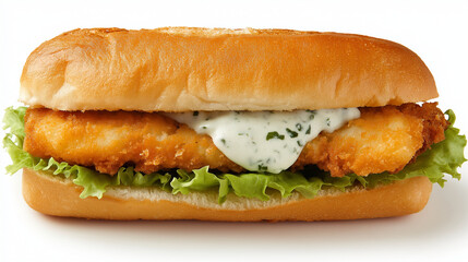 A golden-breaded fish fillet sandwich oozing with tartar sauce and topped with crisp lettuce, styled on a plain white background for a clean and fresh presentation.