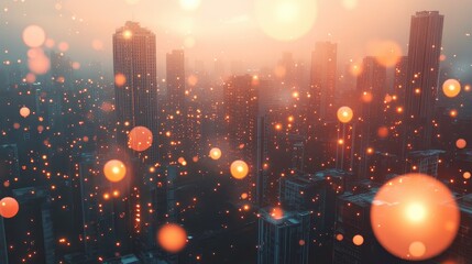 Airborne PM2.5 particles illustrated as glowing orbs in a polluted cityscape, artistic visualization of air quality issues.
