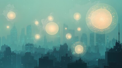 Fototapeta premium Airborne PM2.5 particles illustrated as glowing orbs in a polluted cityscape, artistic visualization of air quality issues.