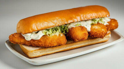 A delectable crispy fish fillet sandwich with a layer of creamy tartar sauce and shredded lettuce, arranged against a stark white background to create a simple yet appetizing visua