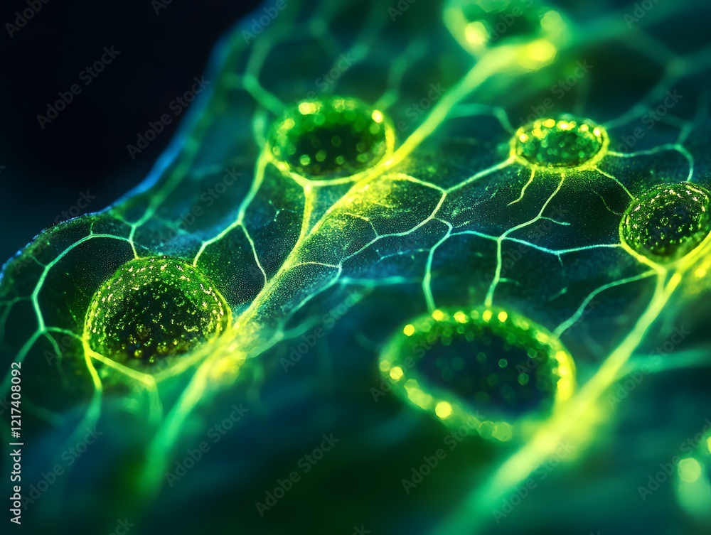 Poster close-up view of water droplets on leaf surface capturing beautiful details and luminous colors, sho